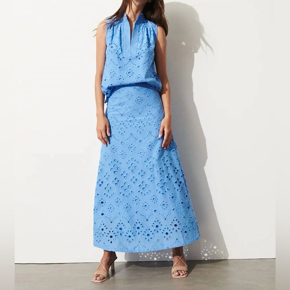 FIGUE Poppy Eyelet Maxi Skirt In Surf Blue Womens Sz 6 100% Cotton